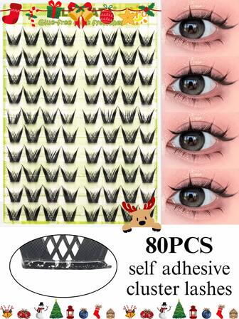 80 C-Curl Cluster Lashes – 3D Individual Cluster Eyelashes, DIY Eyelash Extensions, Self-Adhesive Without Glue, 8-12mm Mixed Length, Natural Cross Style, Inspired By K- And J-Pop Girl Groups, Natural, Lightweight And Fluffy, Reusable, Durable, Perfect For Daily Makeup, Parties, Cosplay, Halloween, And Christmas Essentials, Lash Clusters, Individual Lashes, False Eyelashes