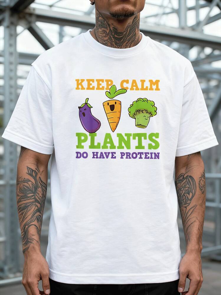 Estilo Casual Camiseta de Manga Corta para Hombre con Estampado "Keep Calm Plants Do Have Protein" y Dibujos Animados de Berenjena, Zanahoria y Brócoli, Corte Regular y Cómodo, Ideal para Vegetarianos y Amantes de la Salud, 220 g 100 % algodón, Tela Suave y Transpirable, Best Seller en Moda - Blanco - Añade 4