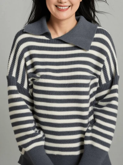 优雅时尚拼色条纹休闲日常通勤翻领落肩长袖女针织毛衣，加大码