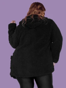 Women's Plus Size Teddy Coat With Furry Blouse - 黑色 - 查看 4