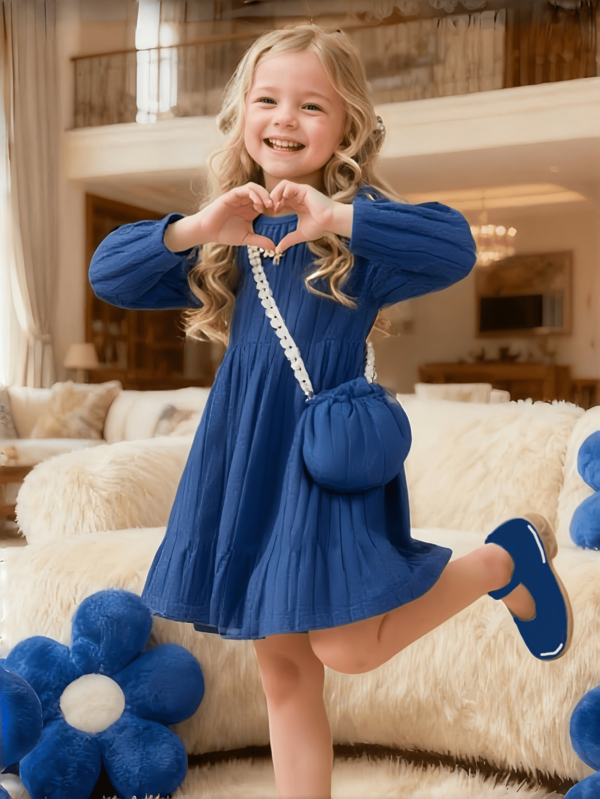 Girls' High Neck Long Sleeve Dress, Textured Soft Fabric, Casual Style Daily Dress, Suitable For 4-7 Years Old, Autumn/Winter