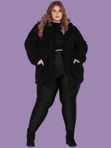Women's Plus Size Teddy Coat With Furry Blouse - 黑色 - 查看 5