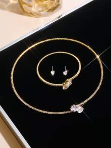 Women's Pendant Necklace Fashion Rhinestone Heart-Shaped Collar Simple Open Collar Silver Necklace Women's Pendant Necklace Jewelry Set