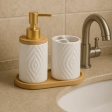 Lavatory Kit 3-Piece Ceramic Bathroom Set Bamboo - màu đen - Xem 3