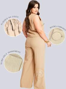 Women's Plus Size Tailored Set: Vest And Wide Leg Pants, Business Formal, Simple Work, Pocket, Buttons On The Front, Divided, Office - 米色 - 查看 5
