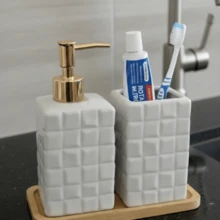 Lavatory Kit Ceramic Bamboo Bathroom Set 3 Pieces - trắng - Xem 2