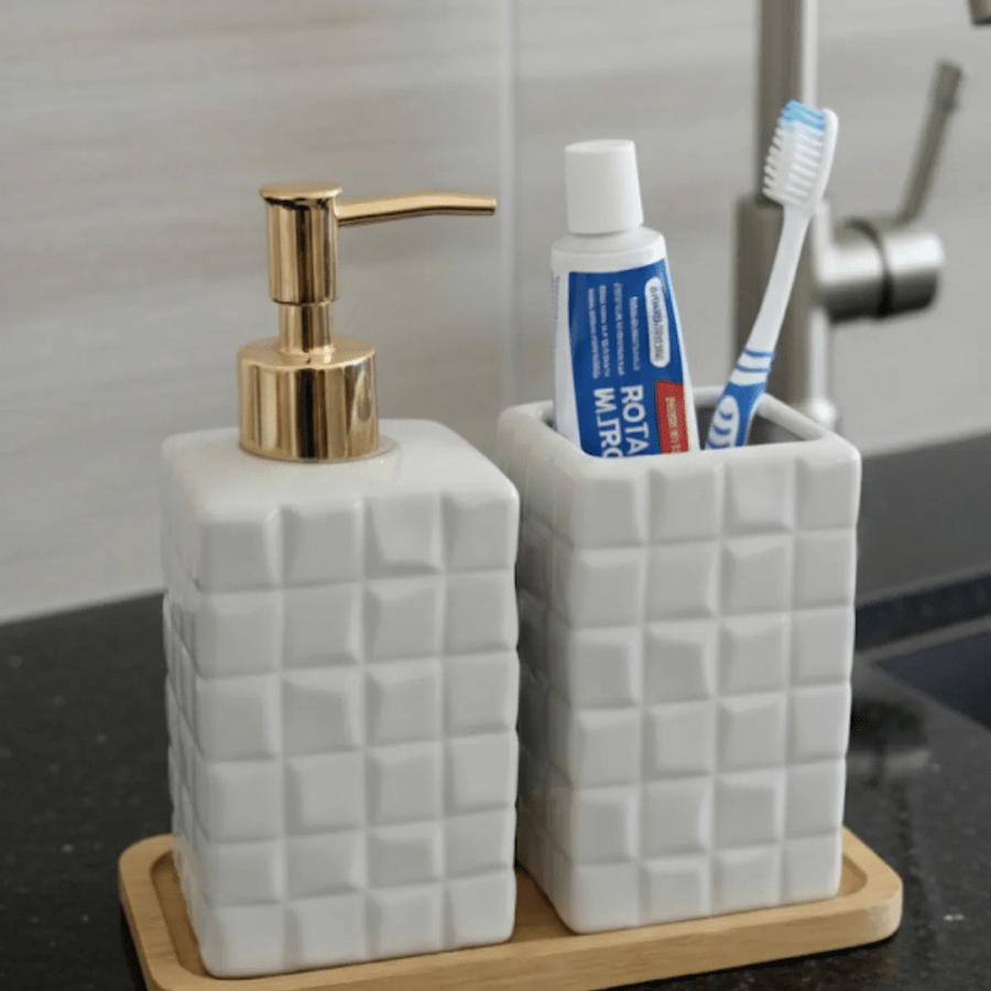 Lavatory Kit Ceramic Bamboo Bathroom Set 3 Pieces - trắng - Xem 2