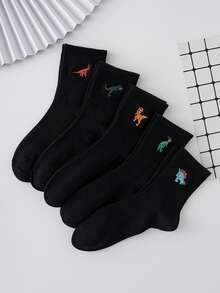 5 Pairs Of Men's Basic Embroidered Dinosaur Pattern Socks, Four Seasons Style, European And American Sizes, Sufficient Size, Comfortable, Breathable, Wear-Resistant And Not Stuffy, Suitable For Daily Wear, Suitable For Both Men And Women, Made Of High-Quality Fabric, Fall - Black - View 4