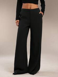 Pantalones rectos elegantes para mujer con bolsillos, de unicolor minimalista, adecuados para la oficina y el uso casual en primavera y otoño - Negro - Ver 6