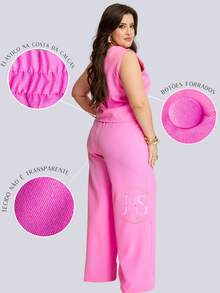 Women's Plus Size Tailored Set: Vest And Wide Leg Pants, Business Formal, Simple Work, Pocket, Buttons On The Front, Divided, Office - 乾枯玫瑰色 - 查看 5