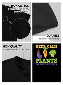 Estilo Casual Camiseta de Manga Corta para Hombre con Estampado "Keep Calm Plants Do Have Protein" y Dibujos Animados de Berenjena, Zanahoria y Brócoli, Corte Regular y Cómodo, Ideal para Vegetarianos y Amantes de la Salud, 220 g 100 % algodón, Tela Suave y Transpirable, Best Seller en Moda - Negro - Ver 5