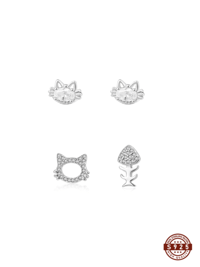 2 Pairs 925 Sterling Silver Cat & Fish Bone Cubic Zirconia Stud Earrings, Minimalist Elegant Beautiful Earrings, Cute & Fashionable Ear Cuff Earrings, Suitable For Women Daily Wear, Casual, Travel, Party, Comes With Gift Box, Suitable For All Seasons