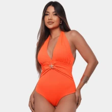 Women's Plain Bodysuit, Disguises Belly, Slims Waist, Star Neckline, Premium - trái cam - Xem 4