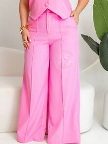 Women's Plus Size Tailored Set: Vest And Wide Leg Pants, Business Formal, Simple Work, Pocket, Buttons On The Front, Divided, Office - 乾枯玫瑰色 - 查看 4