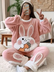 Plus Size Plush Pajamas Set Winter Coral Velvet Cartoon Radish Rabbit Ladies Pajamas - Pink - View 3