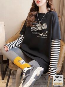 条纹棉质长袖 T 恤，宽松时尚字母和报纸印花女上衣 - 黑色 - 查看 2