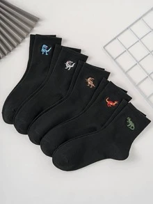 5 Pairs Of Men's Basic Embroidered Dinosaur Pattern Socks, Four Seasons Style, European And American Sizes, Sufficient Size, Comfortable, Breathable, Wear-Resistant And Not Stuffy, Suitable For Daily Wear, Suitable For Both Men And Women, Made Of High-Quality Fabric, Fall Socks - Black - View 4