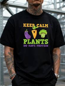 Estilo Casual Camiseta de Manga Corta para Hombre con Estampado "Keep Calm Plants Do Have Protein" y Dibujos Animados de Berenjena, Zanahoria y Brócoli, Corte Regular y Cómodo, Ideal para Vegetarianos y Amantes de la Salud, 220 g 100 % algodón, Tela Suave y Transpirable, Best Seller en Moda - Negro - Ver 3