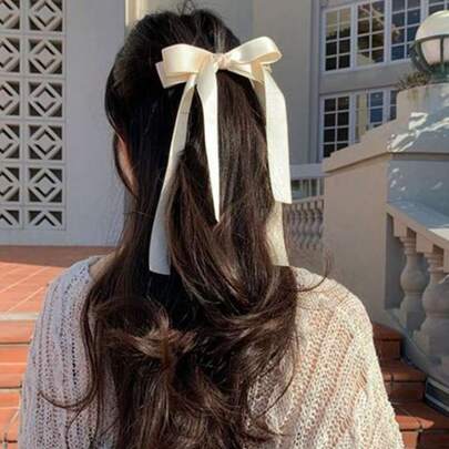 1pc Fairy Long Ribbon Beige Bow Hair Clip, Fashionable Versatile Elegant Headpiece, Suitable For Any Occasion, Cute Accessories, Claw Clips