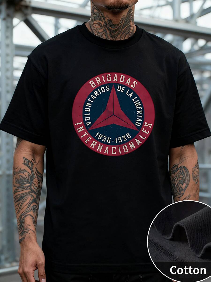 Clásico Playera de Algodón para Hombre con Estampado del Emblema "Brigadas Internacionales Voluntarios de la Libertad 1936-1939", Diseño Circular con Triángulo Rojo en el Centro, Corte Regular y Cómodo, Ideal para Amantes de la Historia y Coleccionistas, 220 g 100 % algodón, Tela Suave y Duradera, Best Seller en Diseños Históricos - Negro - Ver 1