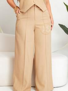 Women's Plus Size Tailored Set: Vest And Wide Leg Pants, Business Formal, Simple Work, Pocket, Buttons On The Front, Divided, Office - 米色 - 查看 3