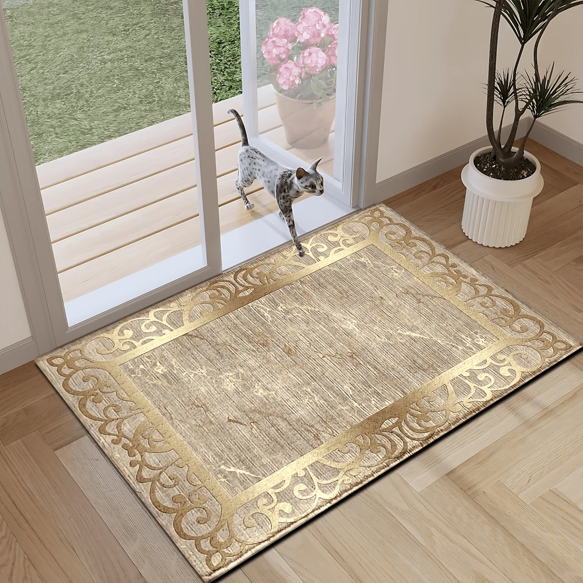 1 pieza Alfombra de lujo con estampado abstracto dorado, tapete de lana sintética - Altamente absorbente, fácil de limpiar, adecuado para decoración del hogar, estilo rústico, entrada, interior, habitación, cocina, comedor, oficina pequeña/oficina en casa, fregadero, lavandería, felpudo, tapete de cocina, antideslizante - Multicolor - Ver 1