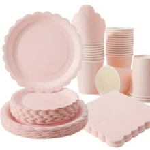 Dieses 100 Stücke rosa besticktes Einweg-Geschirr-Set beinhaltet 25 Dinner-Teller, 25 Dessert-Teller, 25 Papierbecher und 25 Servietten. Dieses praktische Geschirr-Set ist perfekt für Camping, Picknicks, Garten-Grillabende, Hochzeiten und Geburtstagsfeiern.