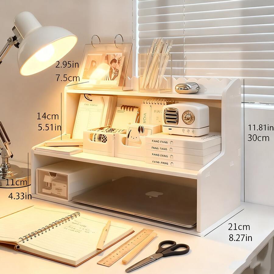 1-Pc 2-Tier Desktop Storage Rack Stationery Desk Accessories Organizer Cosmetic Storage Rack Space-Saving Storage Solution For Cosmetics, Stationery Accessories, And Bathroom Items Ideal For Home Desks, Vanity Tables, School Desks, And Office Workstations - trắng - Xem 1