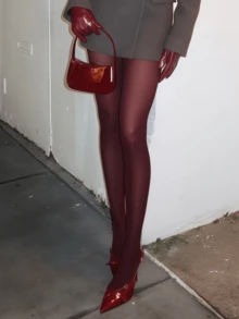 1 Pair Plus Size Women's Burgundy Sheer Pantyhose | Sexy Smooth, Suitable For Dates And Parties, Christmas Gift