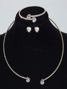 Women's Pendant Necklace Fashion Rhinestone Heart-Shaped Collar Simple Open Collar Silver Necklace Women's Pendant Necklace Jewelry Set