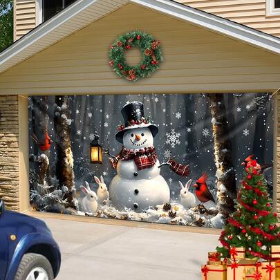 1 pezzo Telo decorativo natalizio in poliestere con pupazzo di neve e animali per porta del garage - Facile da appendere, decorazione natalizia da esterno senza elettricità, con tappezzeria appendibile, decorazioni natalizie, decorazioni per la casa