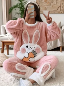 Plus Size Plush Pajamas Set Winter Coral Velvet Cartoon Radish Rabbit Ladies Pajamas - Pink - View 6