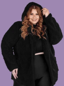 Women's Plus Size Teddy Coat With Furry Blouse - 黑色 - 查看 6