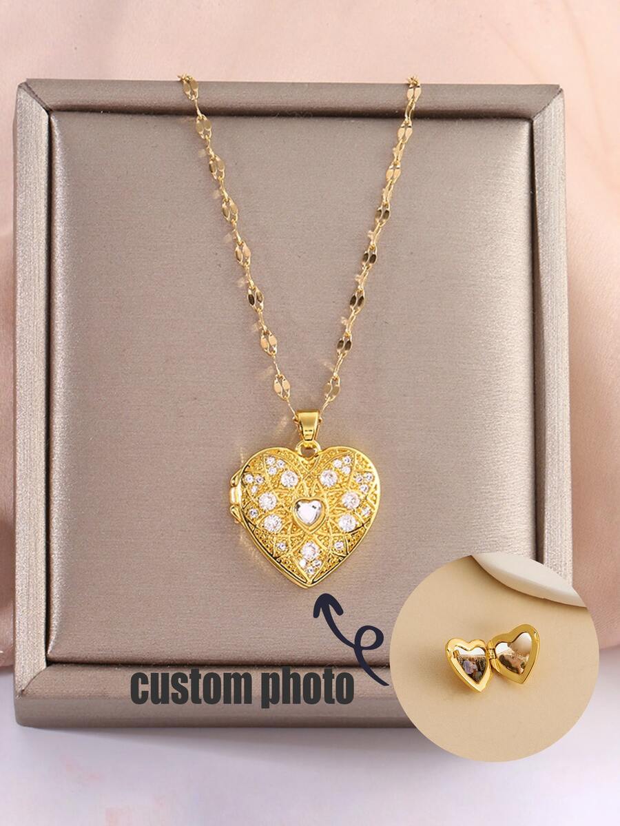 Personalized Photo Heart Locket Necklace, Love Locket With Photo, Tiny Gold Locket, Memorial Gift For Her, Best Friend Jewelry, Gift Mum Sunshine Photo Locket, Minimalist Gifts, Solid Custom Pendant Made Necklace Zirconia, Hip Hop Jewelry Print Picture CharmBest, Christmas Gift