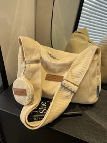 1pc, Versatile Fashion, Niche Design, Shoulder Messenger Bag, Solid Corduroy Fabric Labeling With Hanging Small Bag Decoration, Adjustable Shoulder Strap, Multi-Color Optional Square Bag, Suitable For Ladies' Daily Commuting And Shopping Occasions.