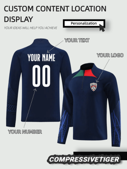 1 Stück marineblauer bedruckter Jacke: Logo, Name & Nummer Design. Atmungsaktiv & schnelltrocknend Sporttrainingsouterwear für Herren & Damen. Geeignet für tägliches Training, Teamveranstaltungen und Fußballspiele, Herbst oder Winter, Halloween, Thanksgiving, Weihnachten und Neujahrsgeschenke