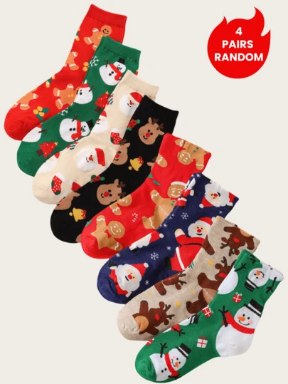 4/8 双圣诞驯鹿和雪人图案百搭女士中筒袜