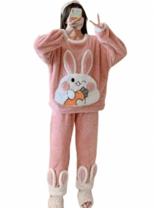 Plus Size Plush Pajamas Set Winter Coral Velvet Cartoon Radish Rabbit Ladies Pajamas - Pink - View 4