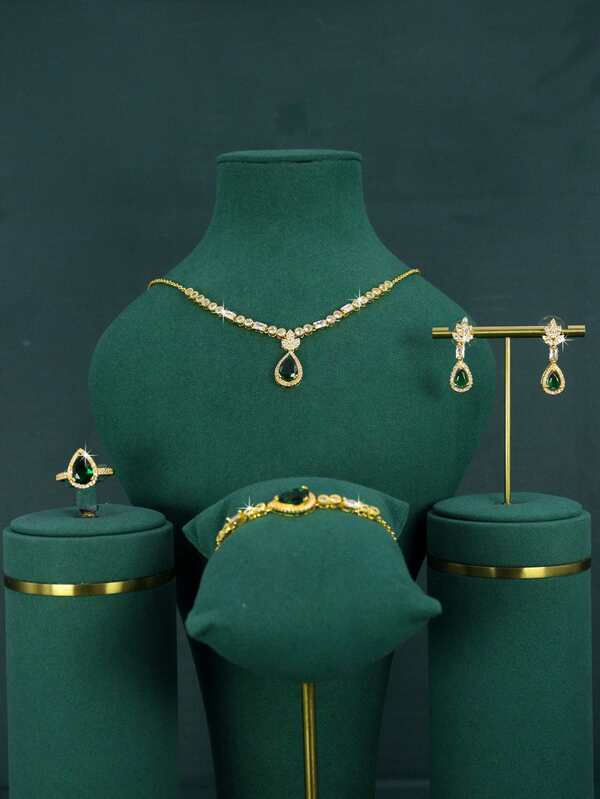 5pcs 18K Gold Plated Women's Jewelry Set, Teardrop Bridal Accessories, Handset White Cubic Zirconia, Including Necklace, Bracelet, Earrings, Ring, Suitable For Daily Wear And Weddings, Wedding Anniversary Gift, Christmas Gift