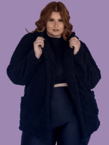 Women's Plus Size Teddy Coat With Furry Blouse - 黑色 - 查看 3