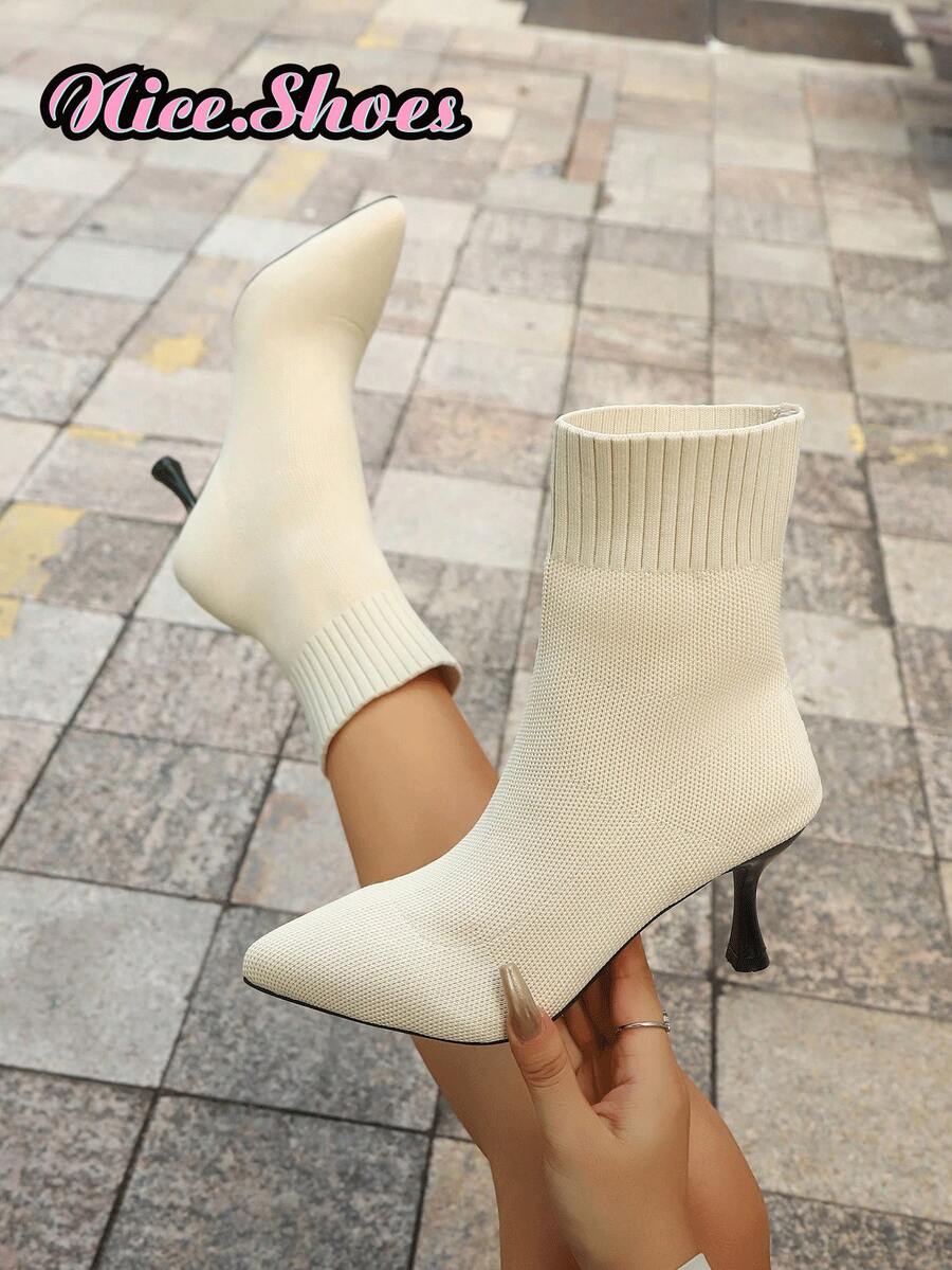 Women's New Fashion Nude Mid-Calf Sock Boots, Pointed Toe Slim Fit Elastic Stiletto Heel Ankle Boots, Elegant Minimalist Slimming Comfortable High Heel Boots
