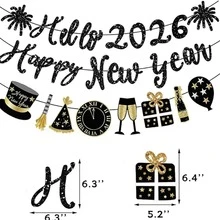 新年快乐横幅黑色闪光 DIY 横幅新年标志 NYE 横幅新年标志花环新年快乐派对 2026 NYE 派对用品装饰 - 彩色 - 查看 6