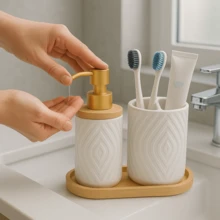 Lavatory Kit 3-Piece Ceramic Bathroom Set Bamboo - màu đen - Xem 2