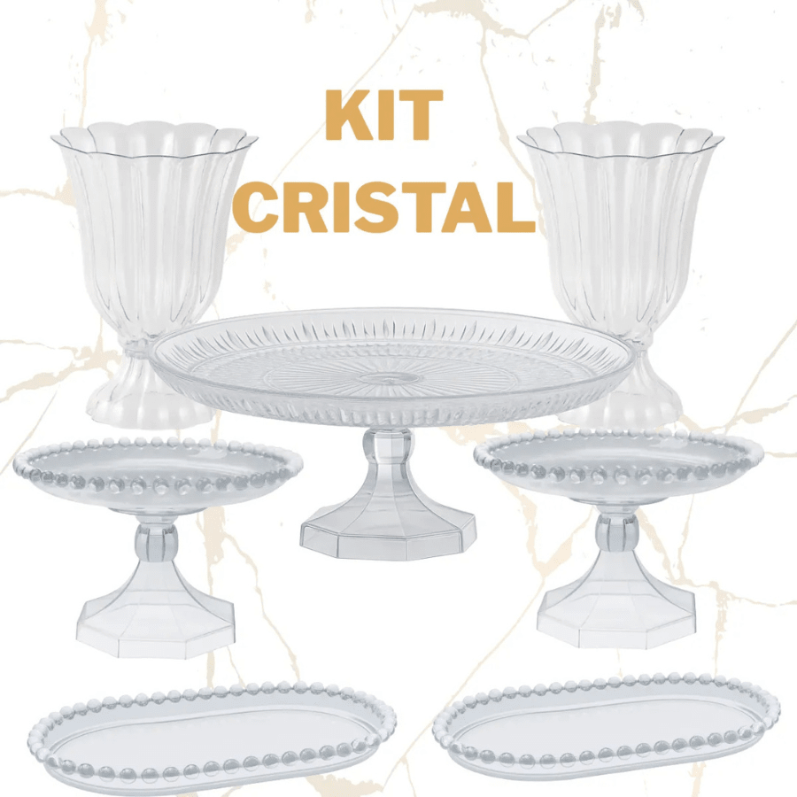 Kit Acrílico Lapidado 1 Boleira 23cm + 2 Mini Boleira + 2 Bandejas + 2 Vasos
