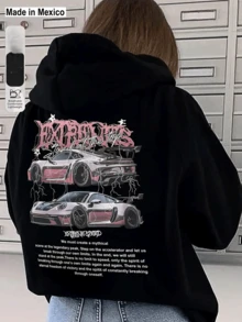 Sudadera casual para mujer con capucha, manga larga, holgada, estampado de autos deportivos, cordón ajustable, primavera otoño, estilo urbano - Negro - Ver 1