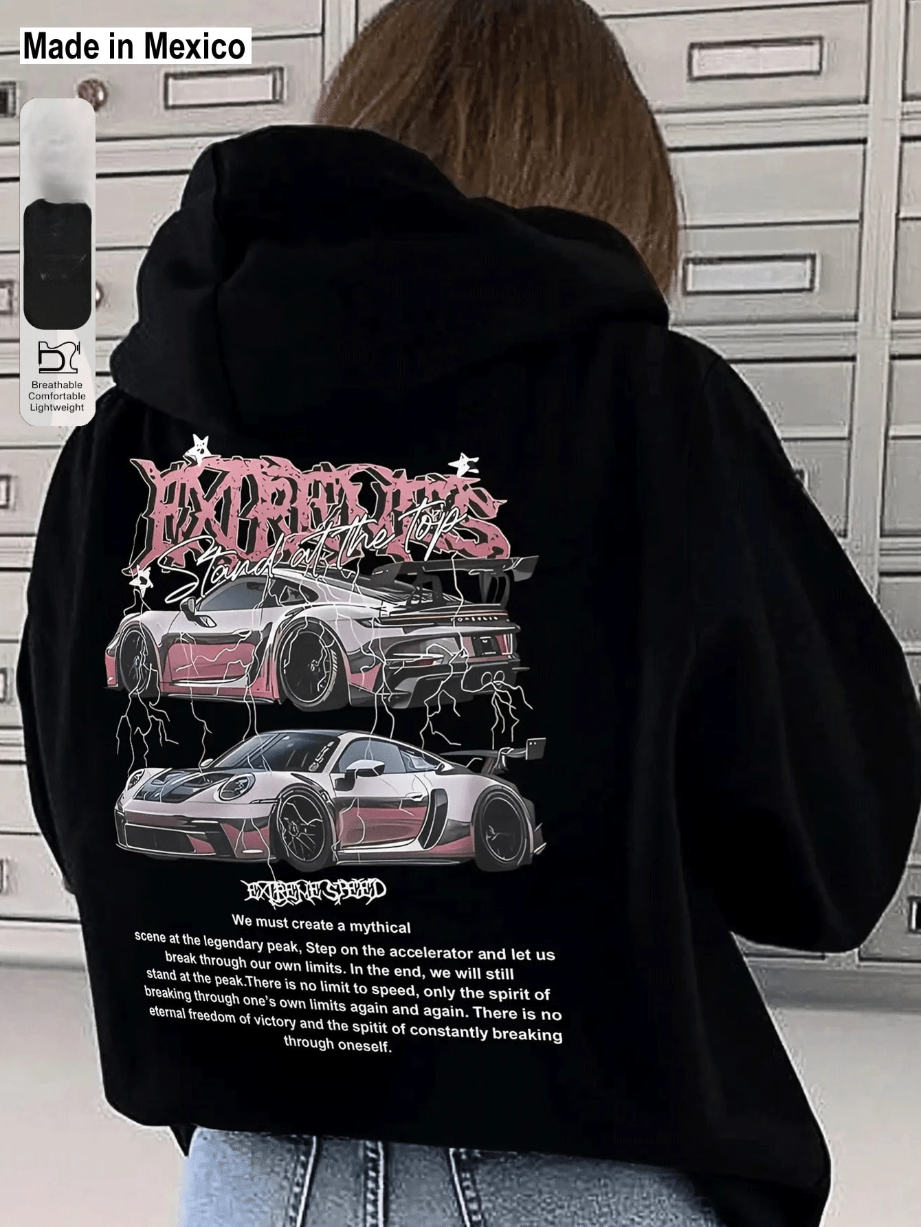 Sudadera casual para mujer con capucha, manga larga, holgada, estampado de autos deportivos, cordón ajustable, primavera otoño, estilo urbano - Negro - Ver 1