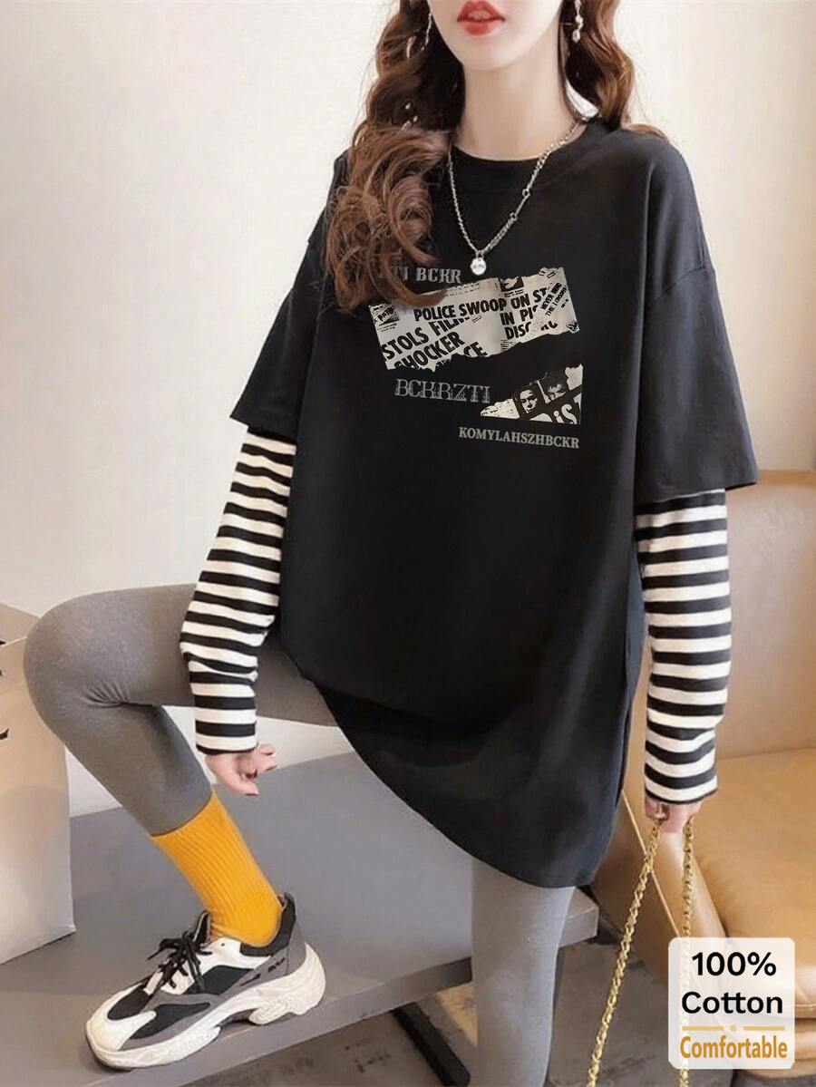 条纹棉质长袖 T 恤，宽松时尚字母和报纸印花女上衣 - 黑色 - 查看 1