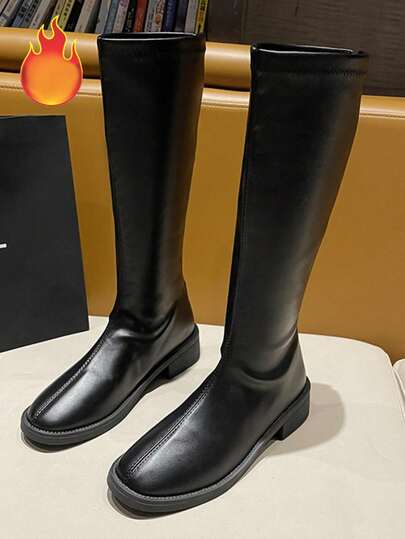 2025 秋冬新款女士黑色踝靴，圆头，粗跟，后拉链，增高防水台，时尚靴子