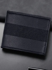 Cartera De PVC Suave Con Capacidad Grande, Ranuras Para Múltiples Tarjetas Y Diseño De Relieve Horizontal De Moda Para Hombre. - Negro - Ver 2