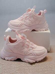 儿童旋转纽扣运动鞋，软底学生休闲鞋，秋冬 - 粉色 - 查看 1